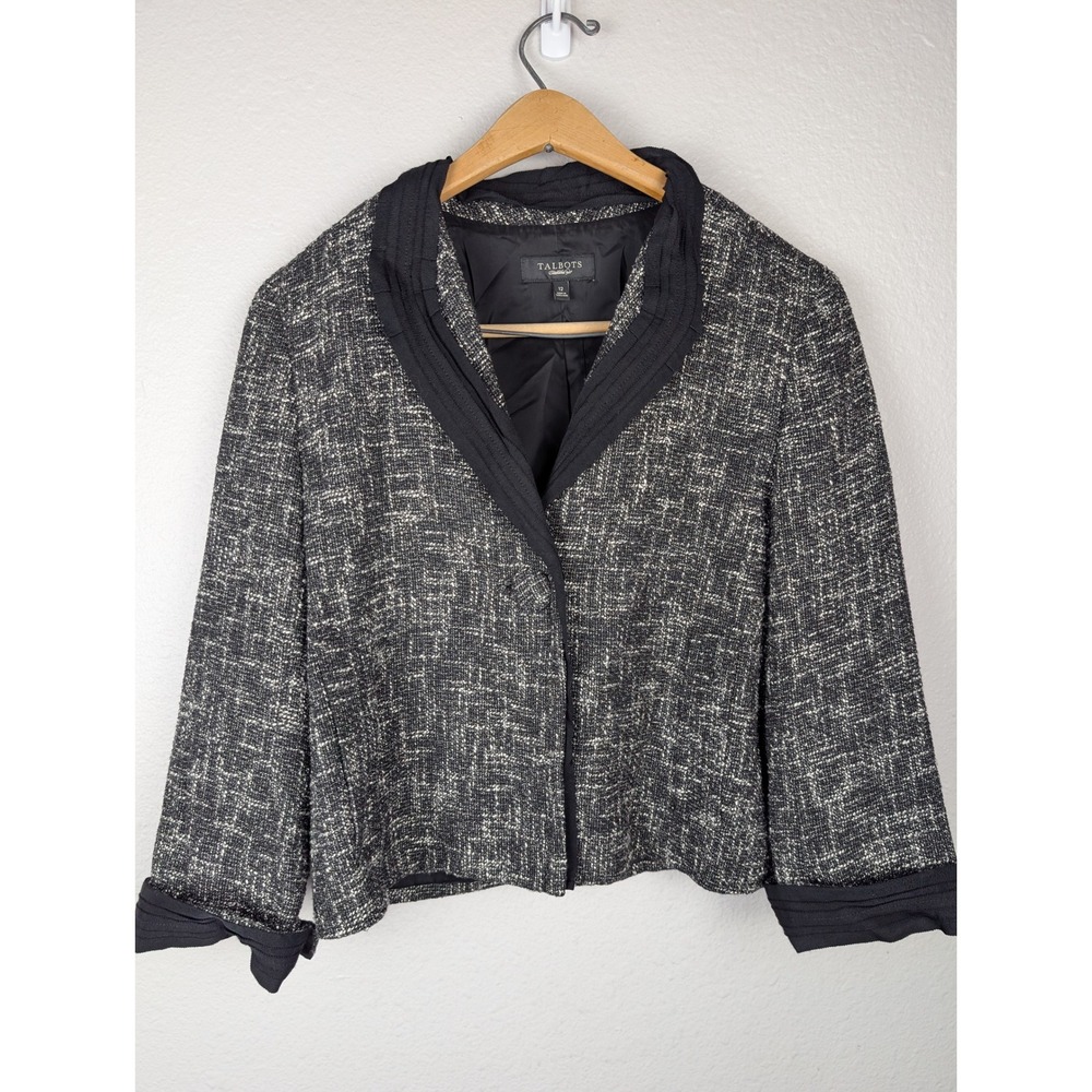 Talbots Women's Tweed Blazer Black White Cropped Collar Jacket Size 12 320
